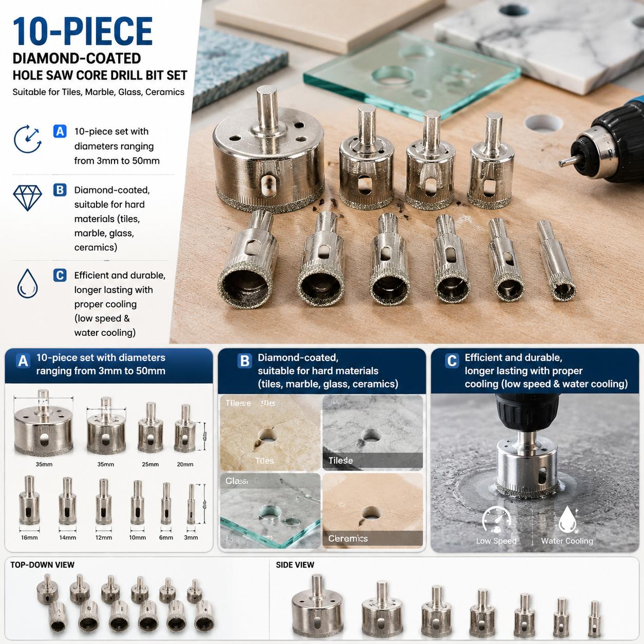 Reciprocating Saw Attachment Drill - Jeu de forets diamantés 10 pièces,