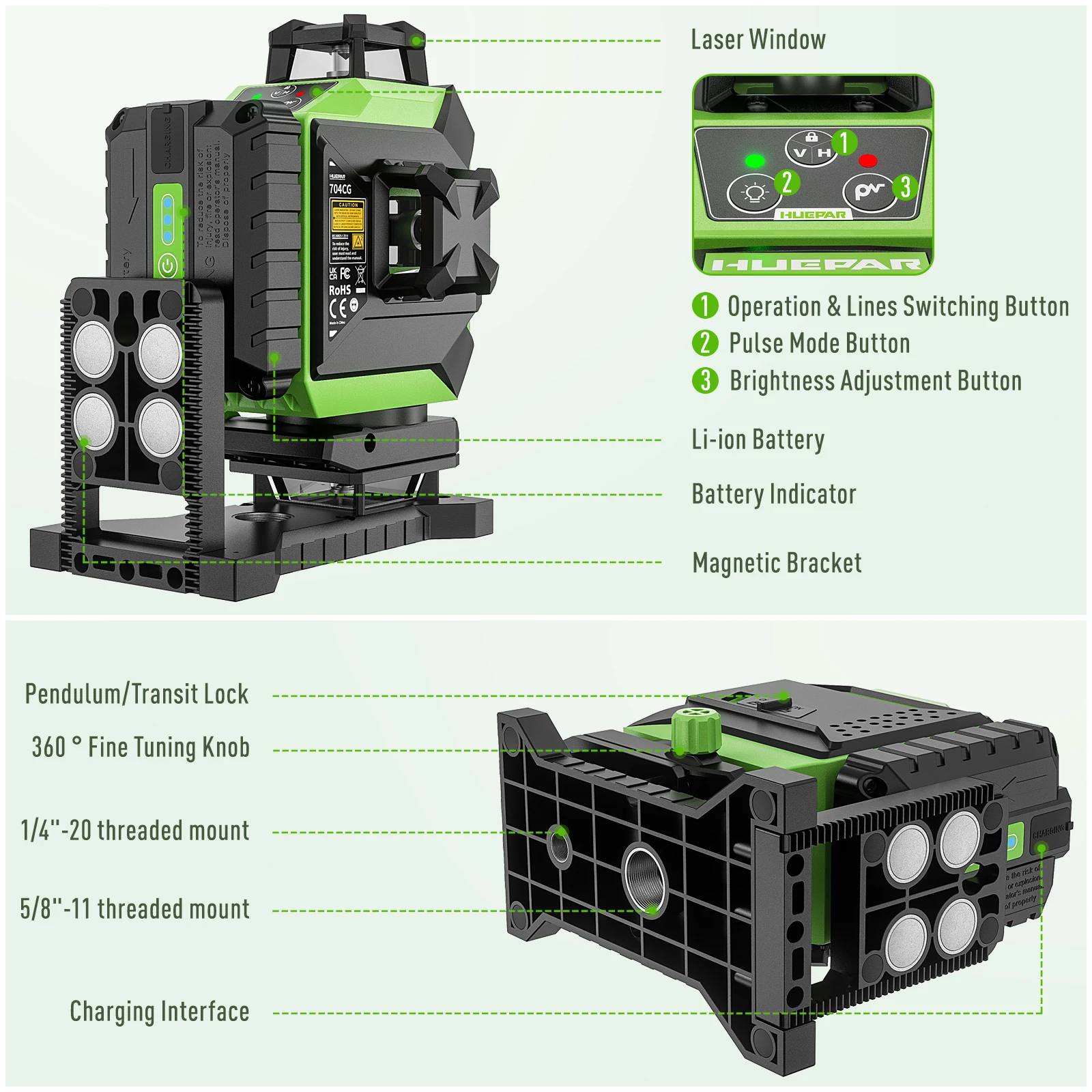 Laser Level 16 Lines 4D Green - Outil laser numérique Huepar 704CG 4D